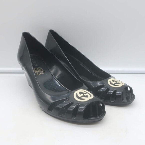 Gucci Marola Interlocking GG Peep Toe Jelly Wedge Pumps Black Size 38 NEW - Picture 1 of 16